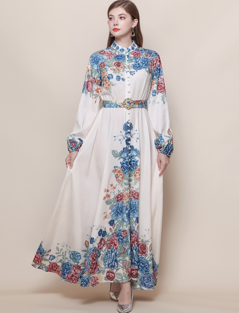 Breasted with belt formal dress puff sleeve long dress