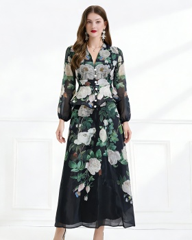 Flowers lotus leaf edges pink elegant style skirt 2pcs set