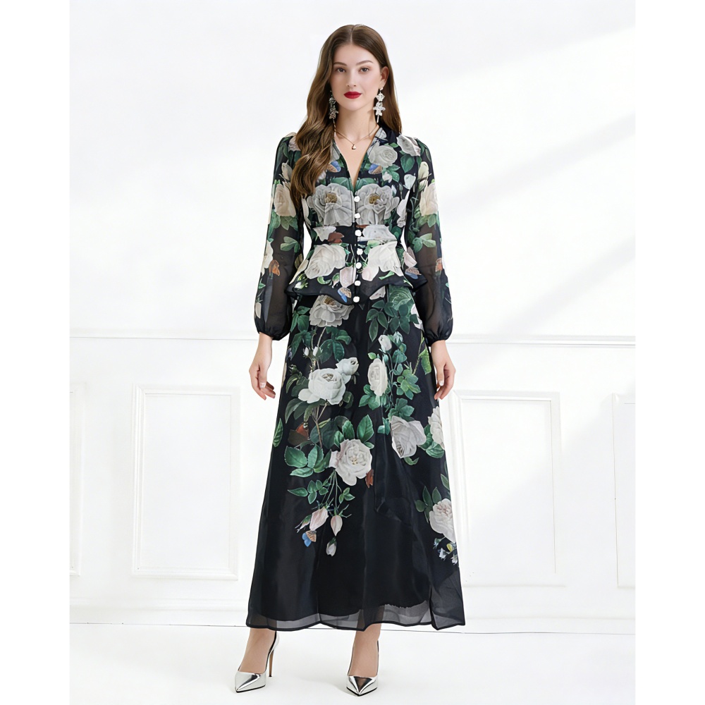 Flowers lotus leaf edges pink elegant style skirt 2pcs set