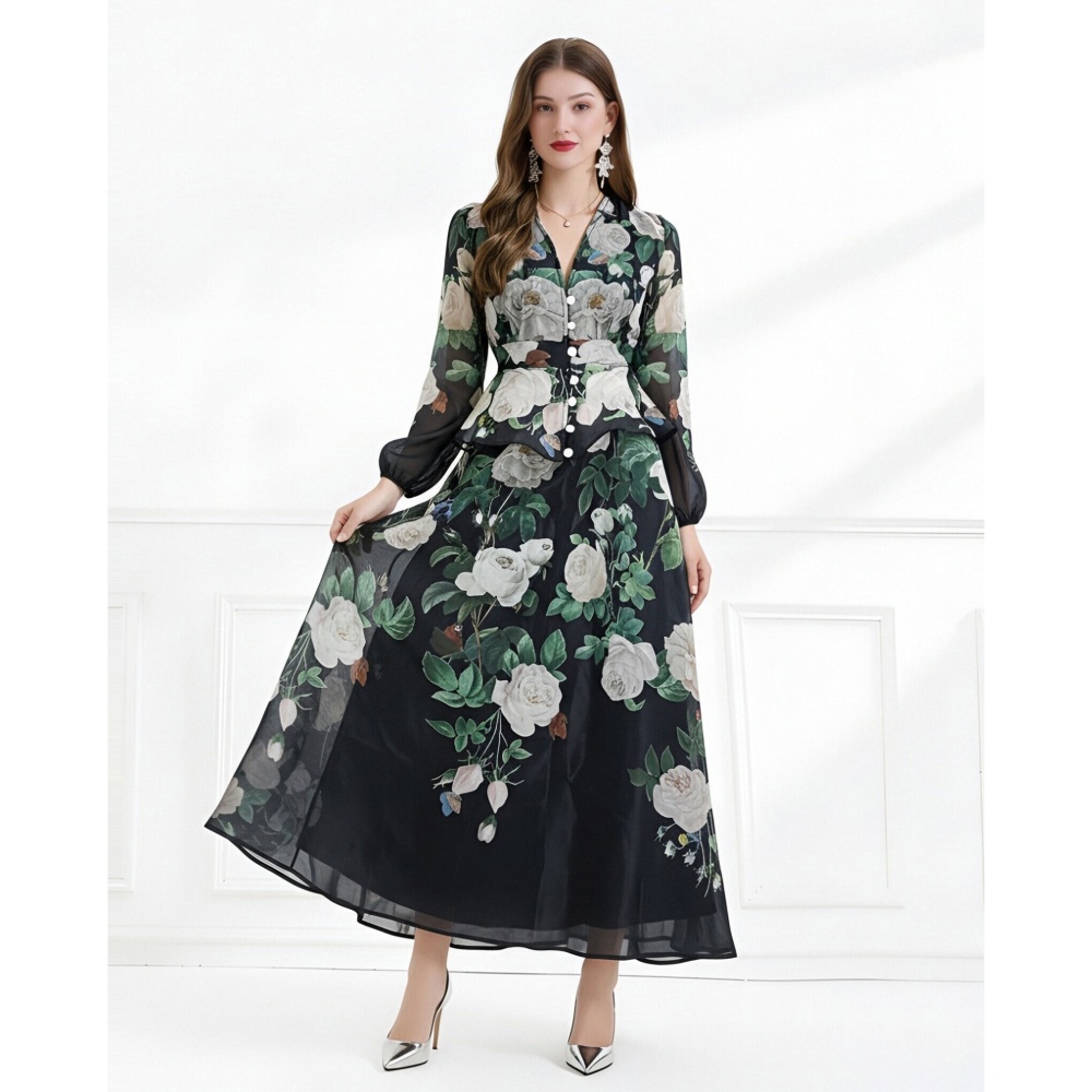 Flowers lotus leaf edges pink elegant style skirt 2pcs set