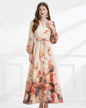 Elegant frenum lace spring silk linen single-breasted dress