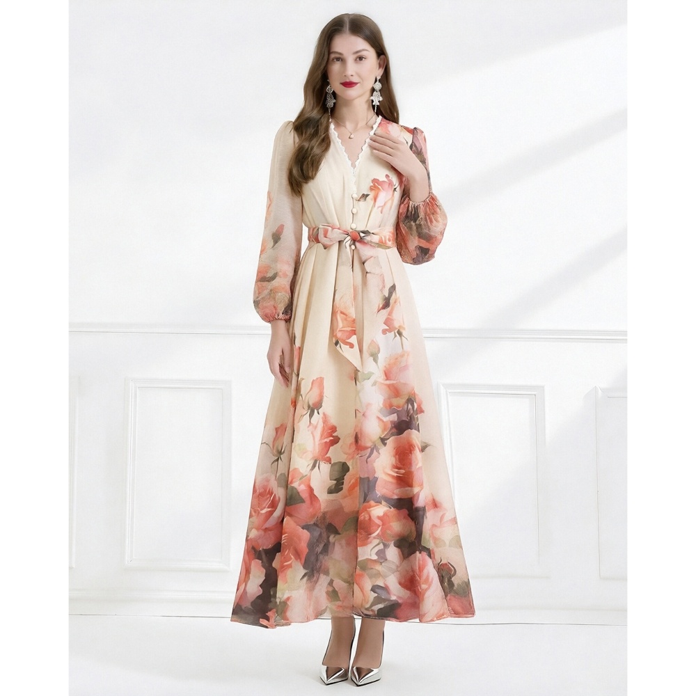 Elegant frenum lace spring silk linen single-breasted dress