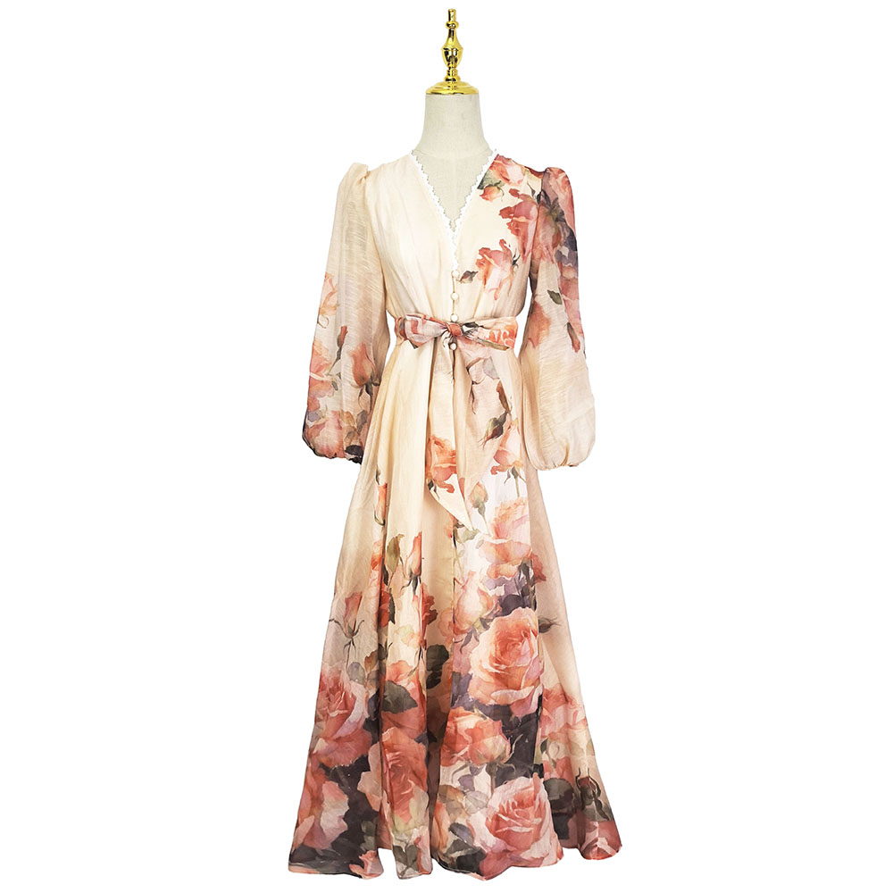 Elegant frenum lace spring silk linen single-breasted dress