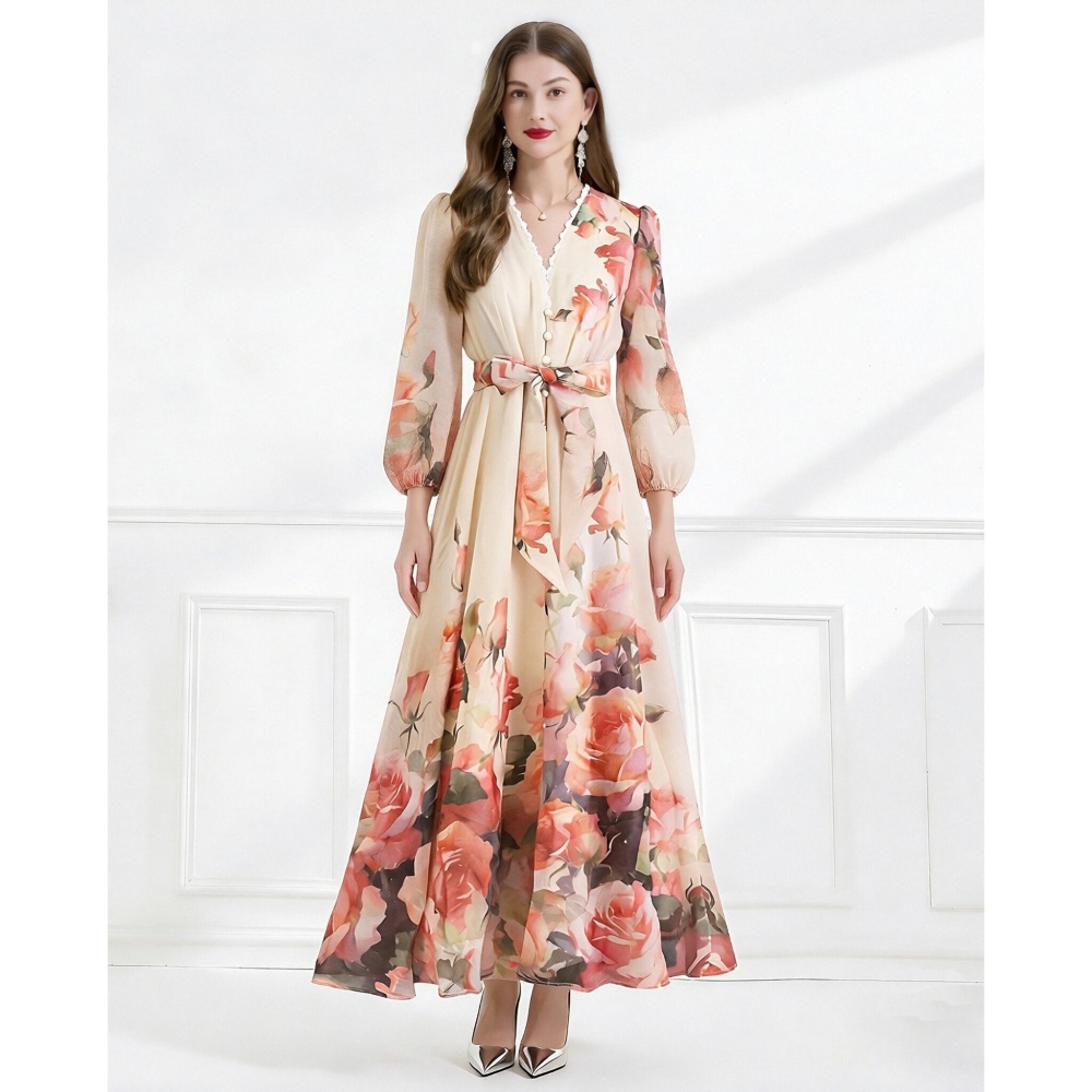 Elegant frenum lace spring silk linen single-breasted dress