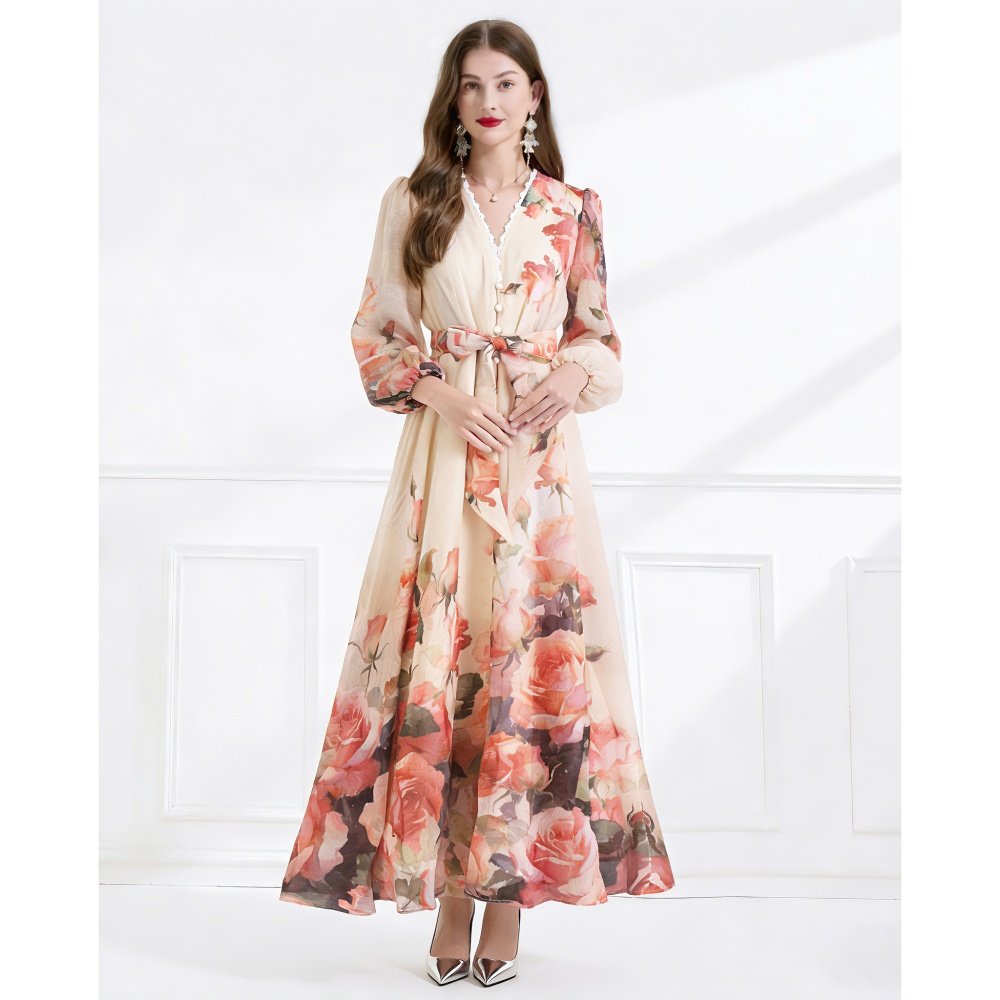 Elegant frenum lace spring silk linen single-breasted dress