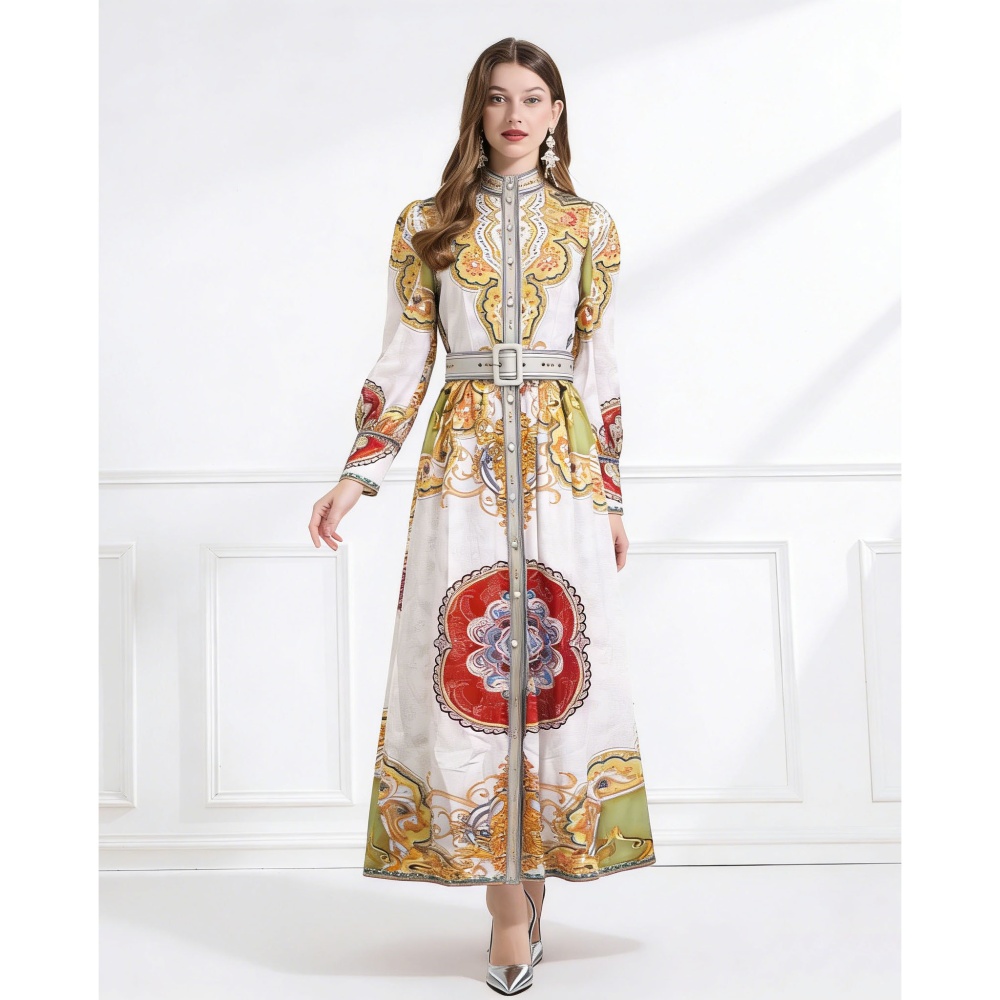 Cstand collar lotus leaf edges pinched waist dress