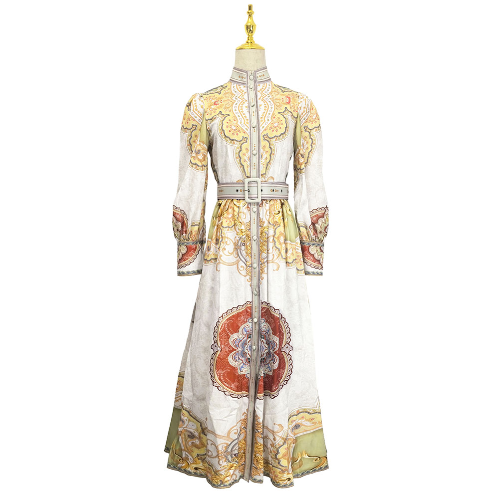 Cstand collar lotus leaf edges pinched waist dress