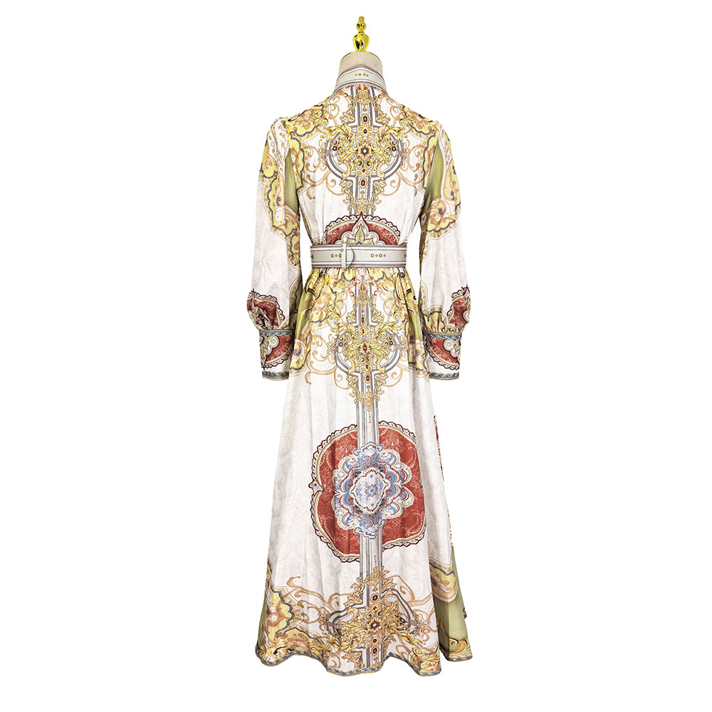 Cstand collar lotus leaf edges pinched waist dress