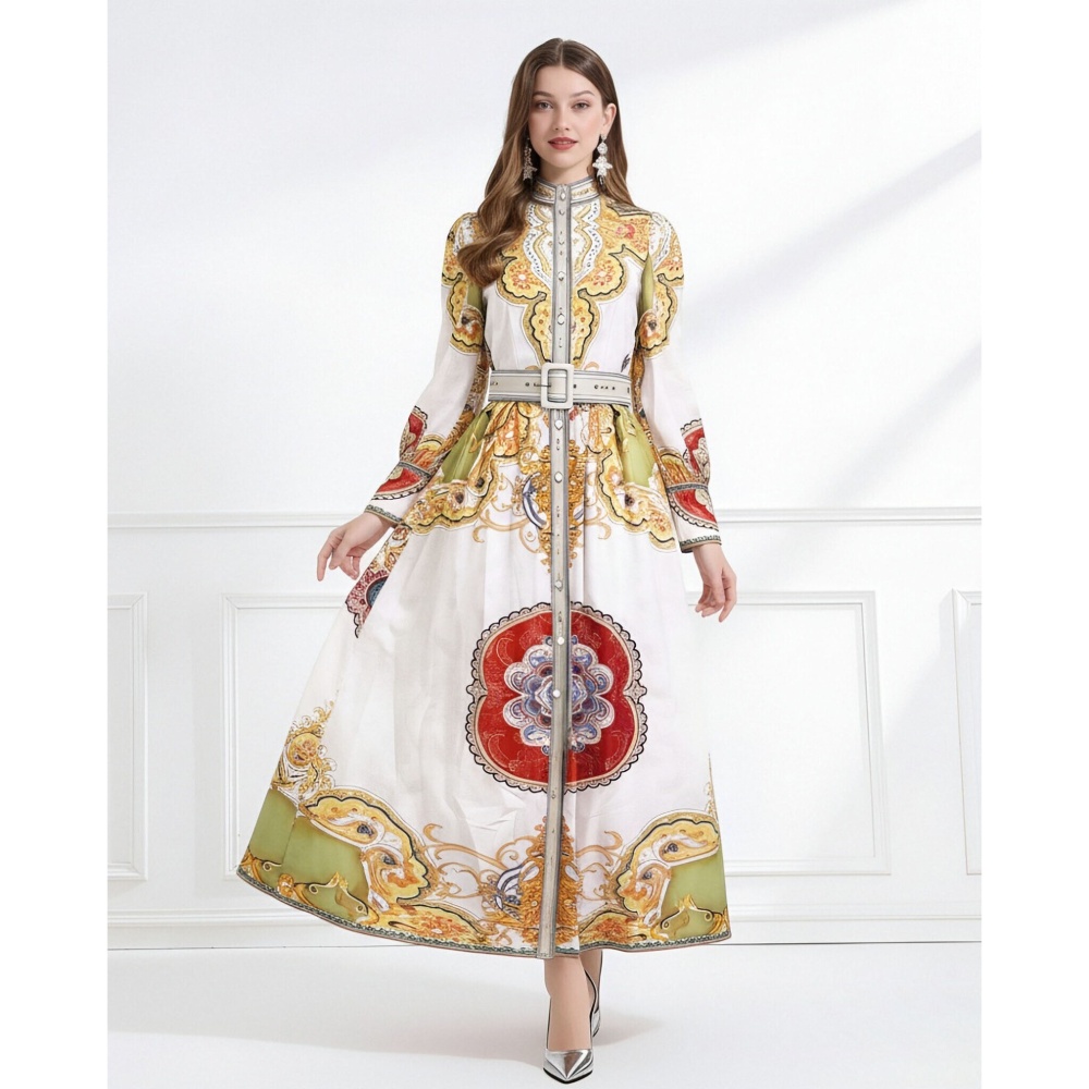 Cstand collar lotus leaf edges pinched waist dress