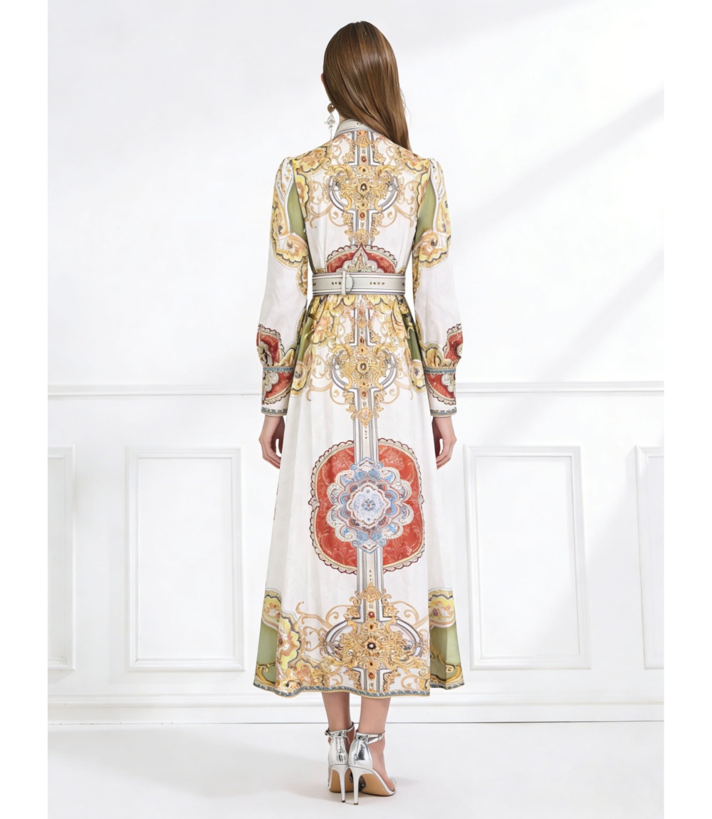 Cstand collar lotus leaf edges pinched waist dress