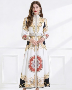 Lotus leaf edges single-breasted cstand collar retro dress