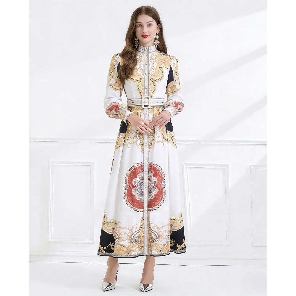 Lotus leaf edges single-breasted cstand collar retro dress