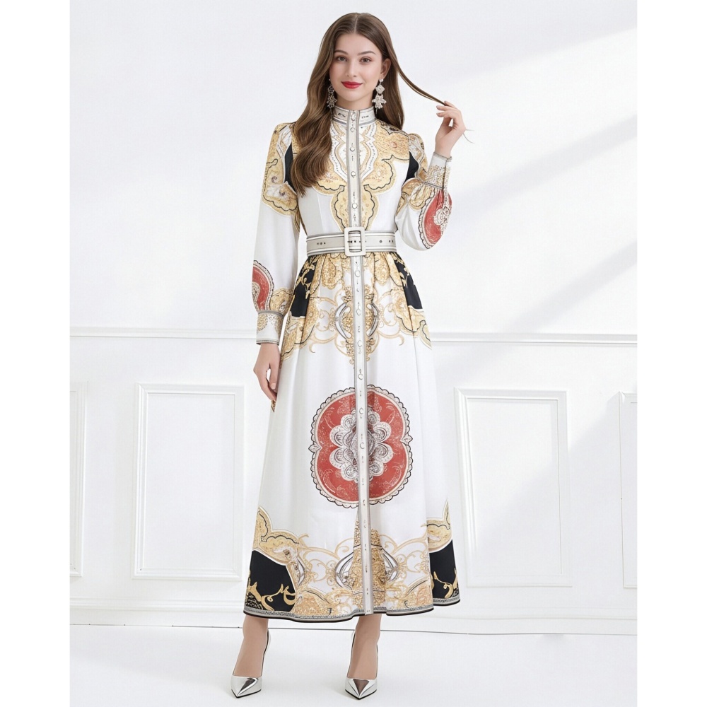 Lotus leaf edges single-breasted cstand collar retro dress