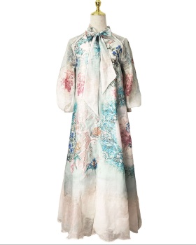 Spring printing jumpsuit elegant style silk linen long dress