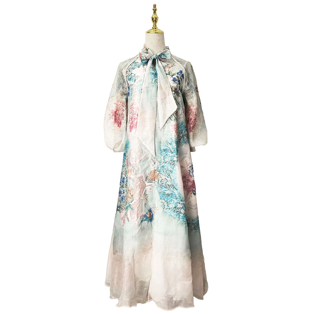 Spring printing jumpsuit elegant style silk linen long dress