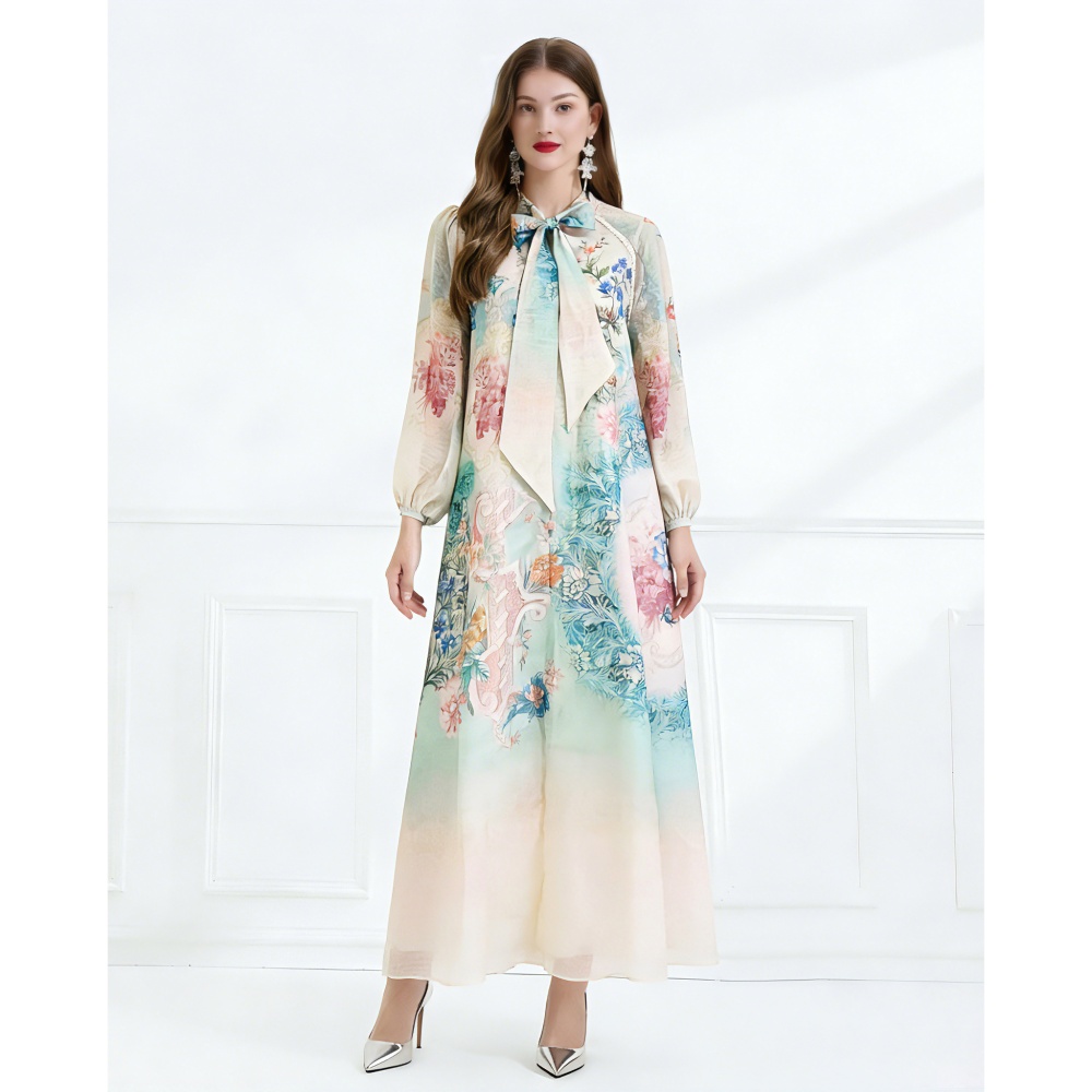 Spring printing jumpsuit elegant style silk linen long dress