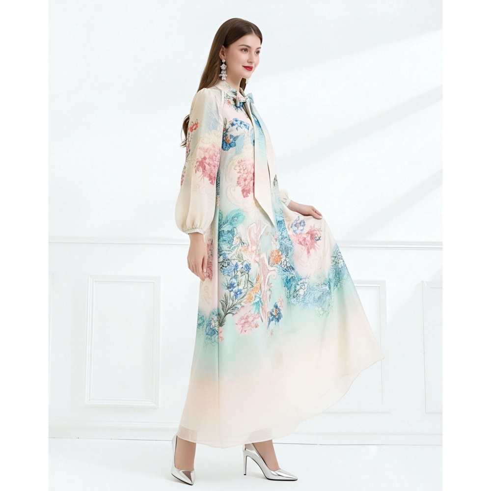 Spring printing jumpsuit elegant style silk linen long dress