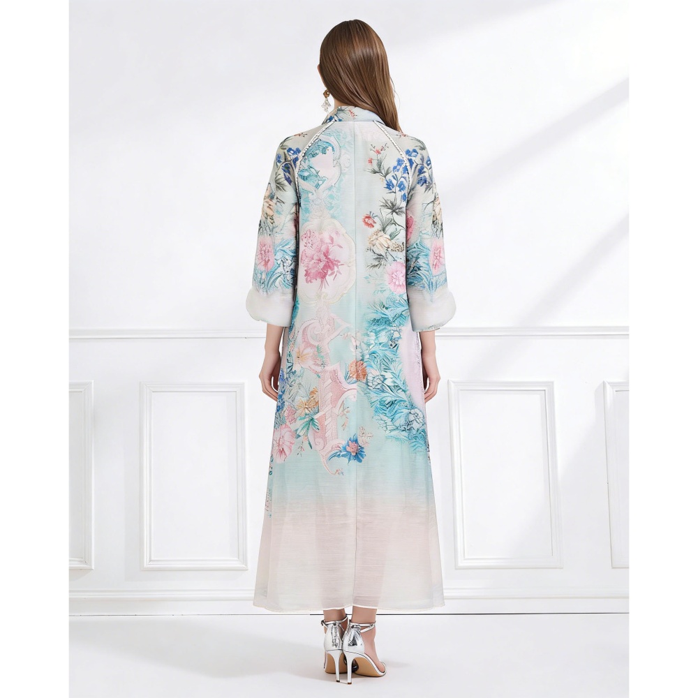 Spring printing jumpsuit elegant style silk linen long dress