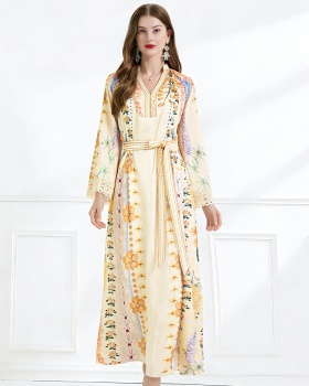 Flax vacation printing pinched waist splice elegant dress