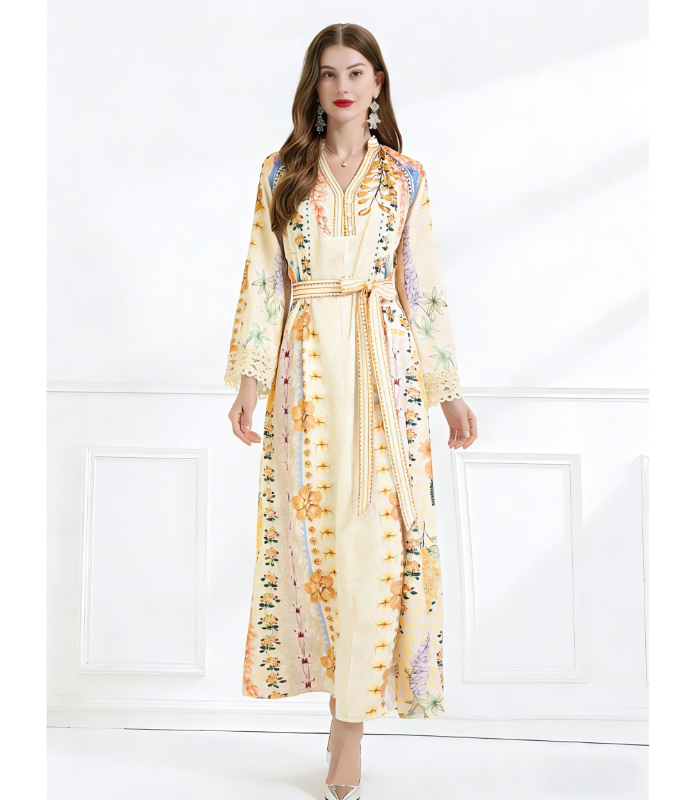 Flax vacation printing pinched waist splice elegant dress