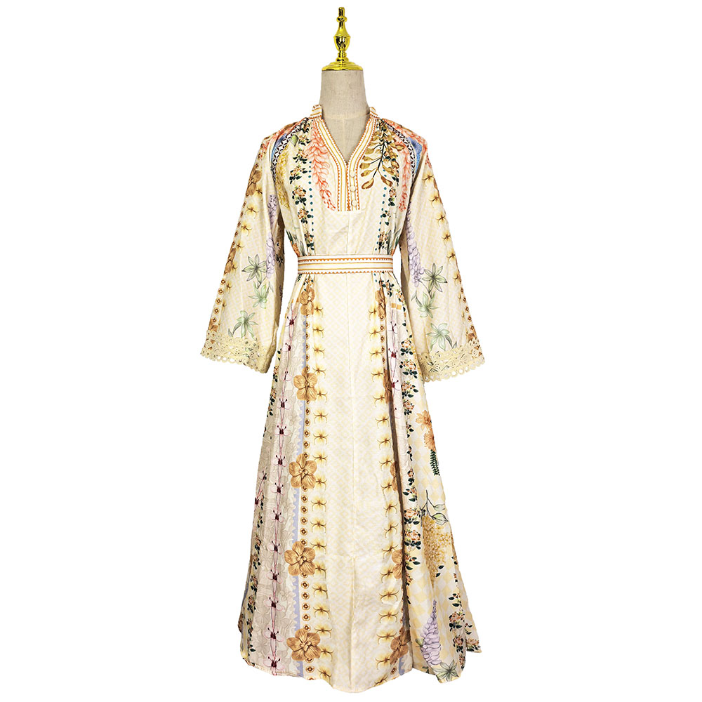 Flax vacation printing pinched waist splice elegant dress