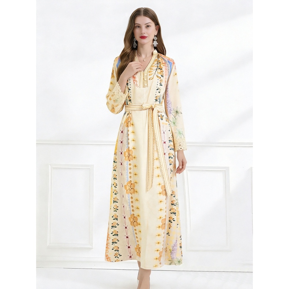 Flax vacation printing pinched waist splice elegant dress