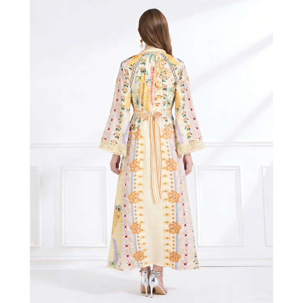 Flax vacation printing pinched waist splice elegant dress