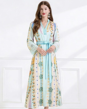 Vacation frenum printing elegant splice flax dress