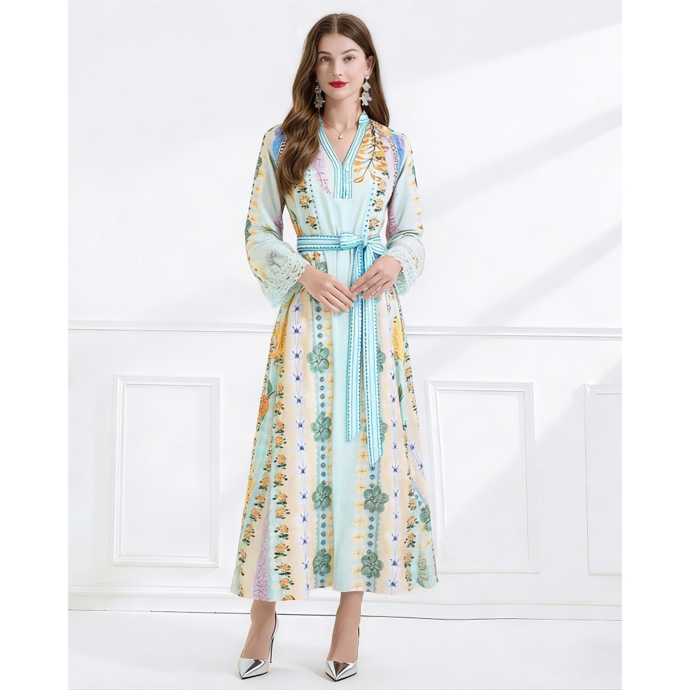 Vacation frenum printing elegant splice flax dress