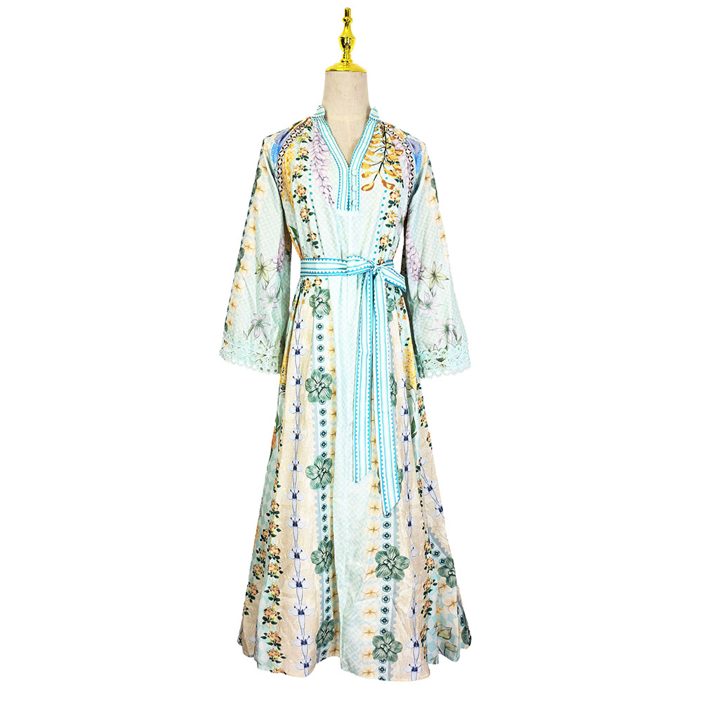 Vacation frenum printing elegant splice flax dress