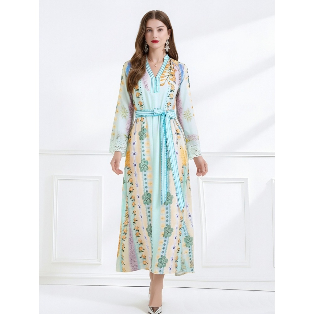 Vacation frenum printing elegant splice flax dress