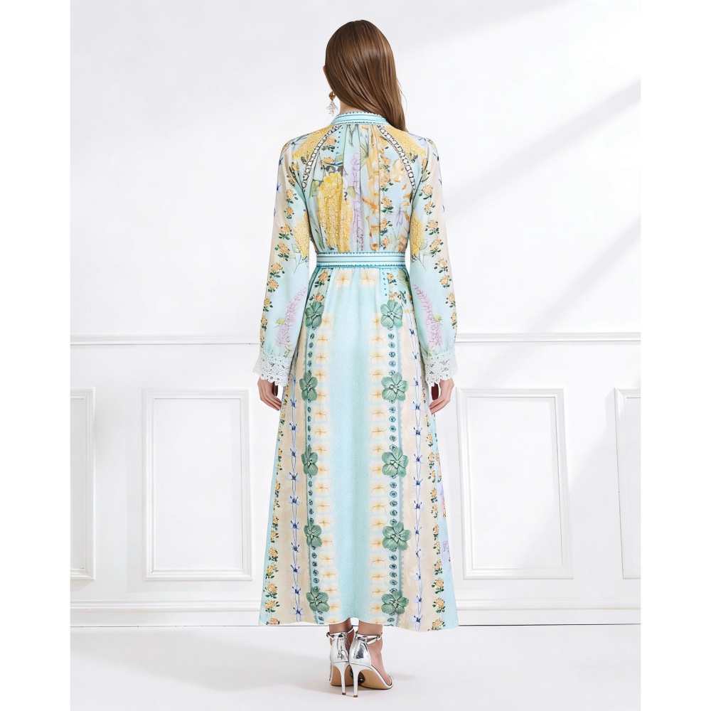 Vacation frenum printing elegant splice flax dress