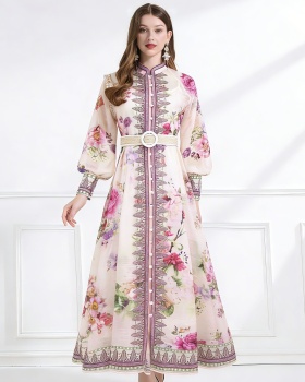 Printing cstand collar silk linen vacation dress