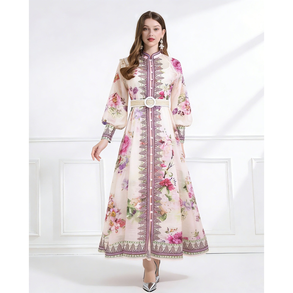 Printing cstand collar silk linen vacation dress