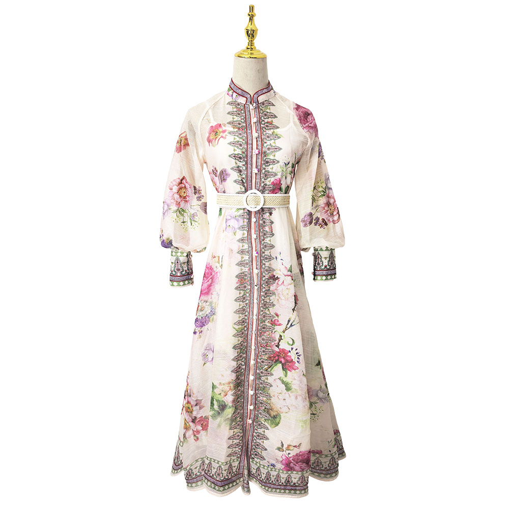 Printing cstand collar silk linen vacation dress