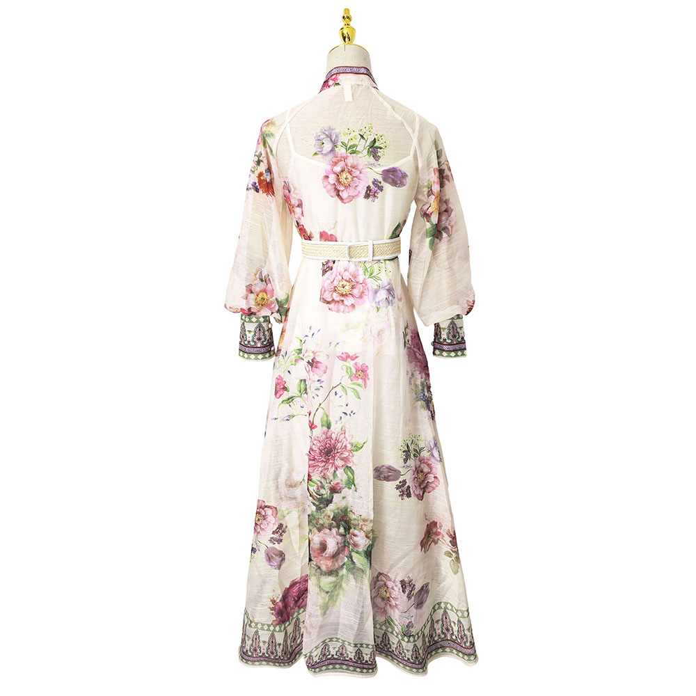 Printing cstand collar silk linen vacation dress