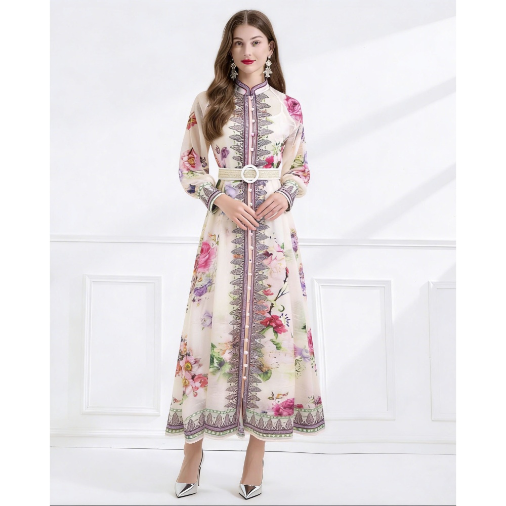 Printing cstand collar silk linen vacation dress