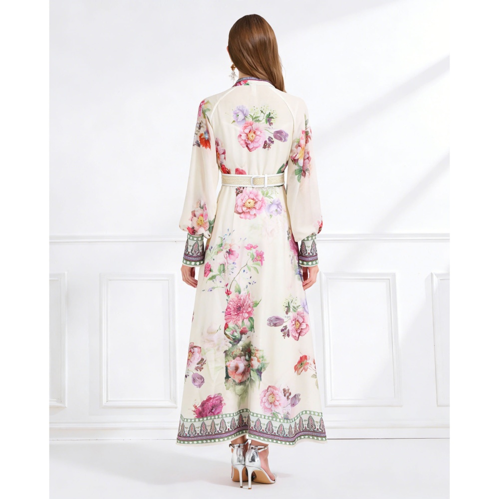 Printing cstand collar silk linen vacation dress