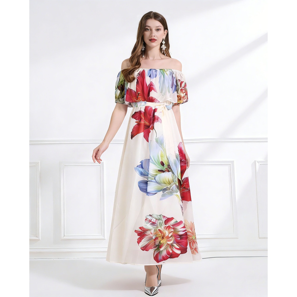 Flat shoulder wear pinched waist lotus leaf edges dress