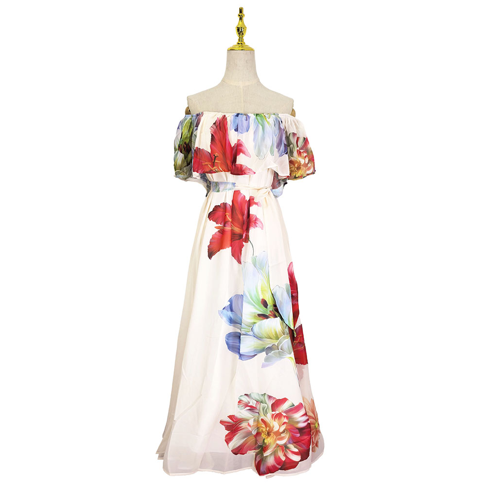 Flat shoulder wear pinched waist lotus leaf edges dress