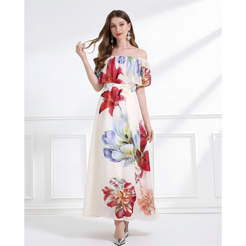 Flat shoulder wear pinched waist lotus leaf edges dress