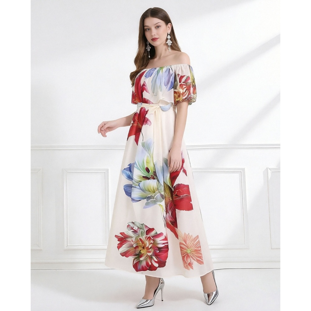 Flat shoulder wear pinched waist lotus leaf edges dress