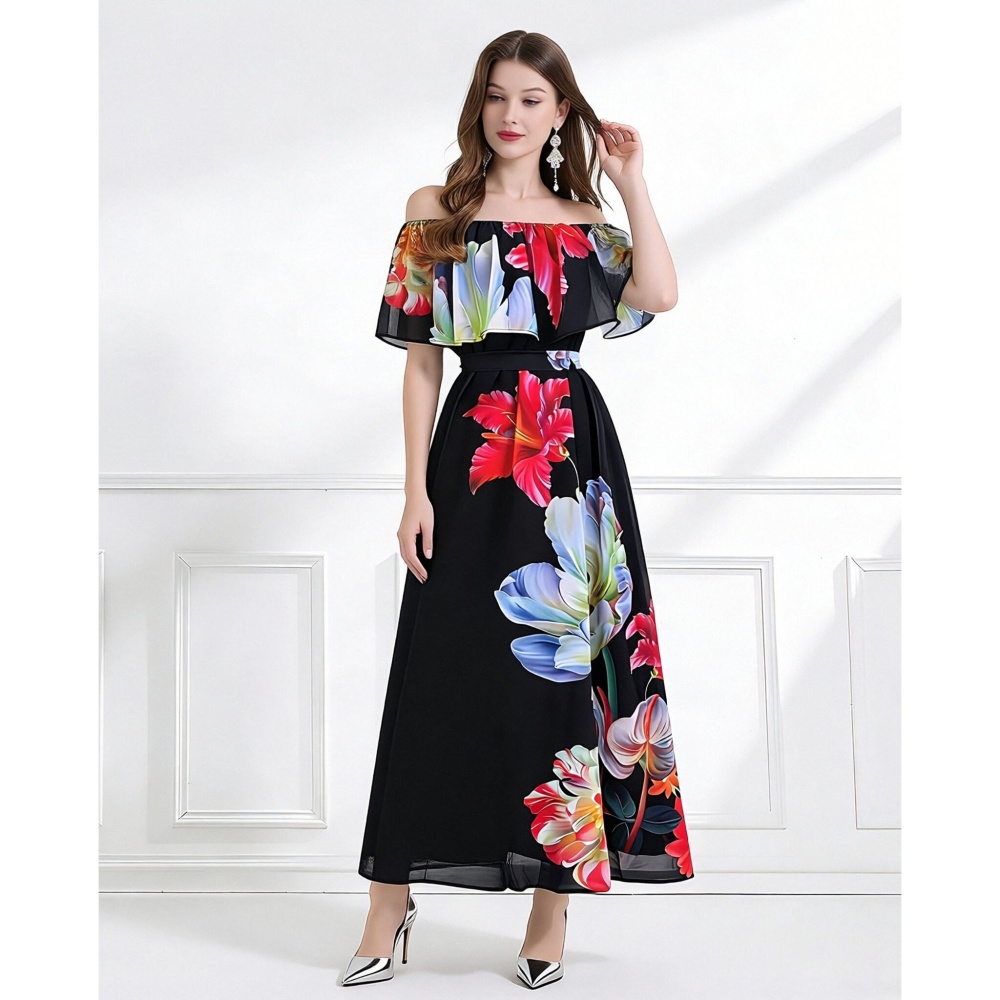 Lotus leaf edges wear flat shoulder colors summer seaside dress