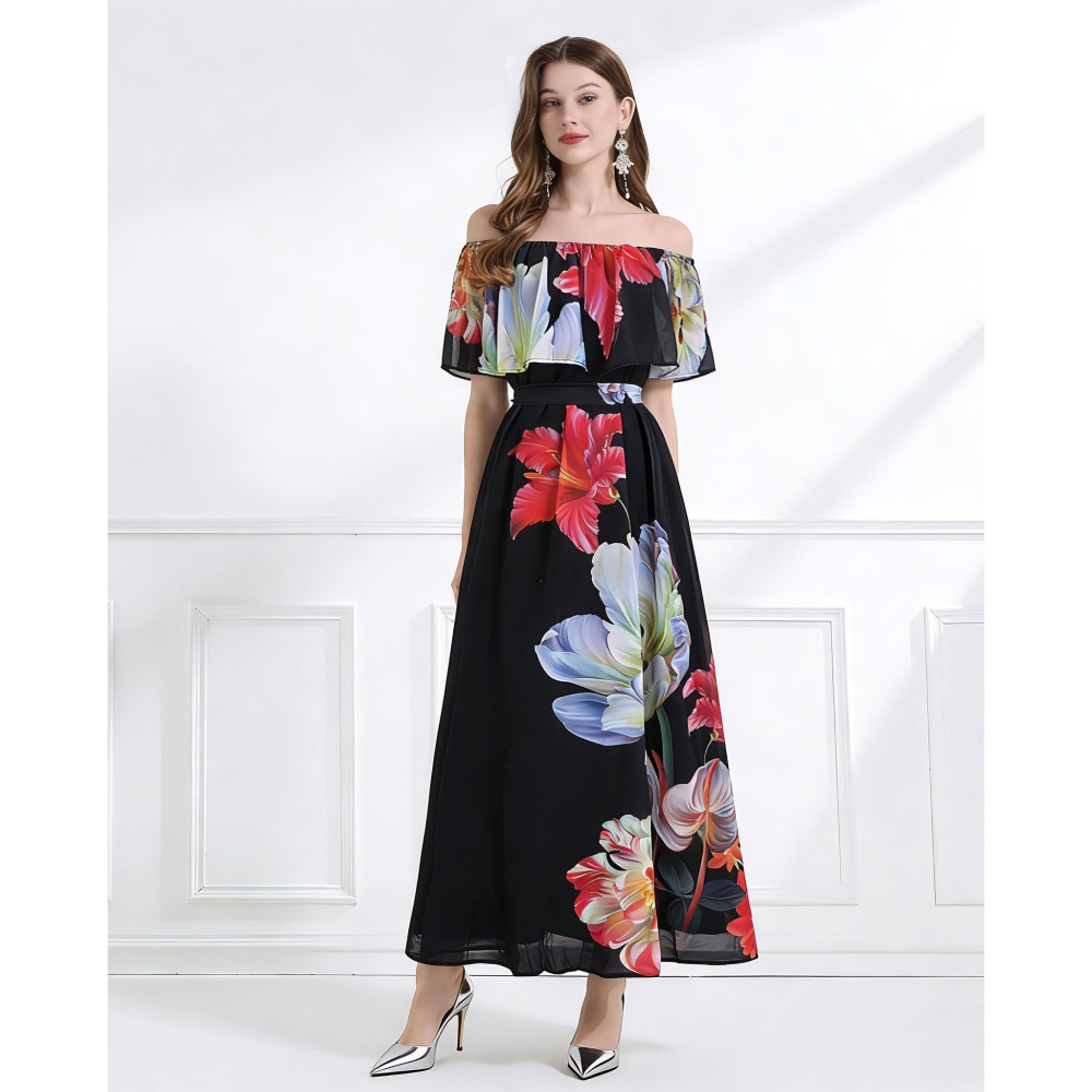 Lotus leaf edges wear flat shoulder colors summer seaside dress