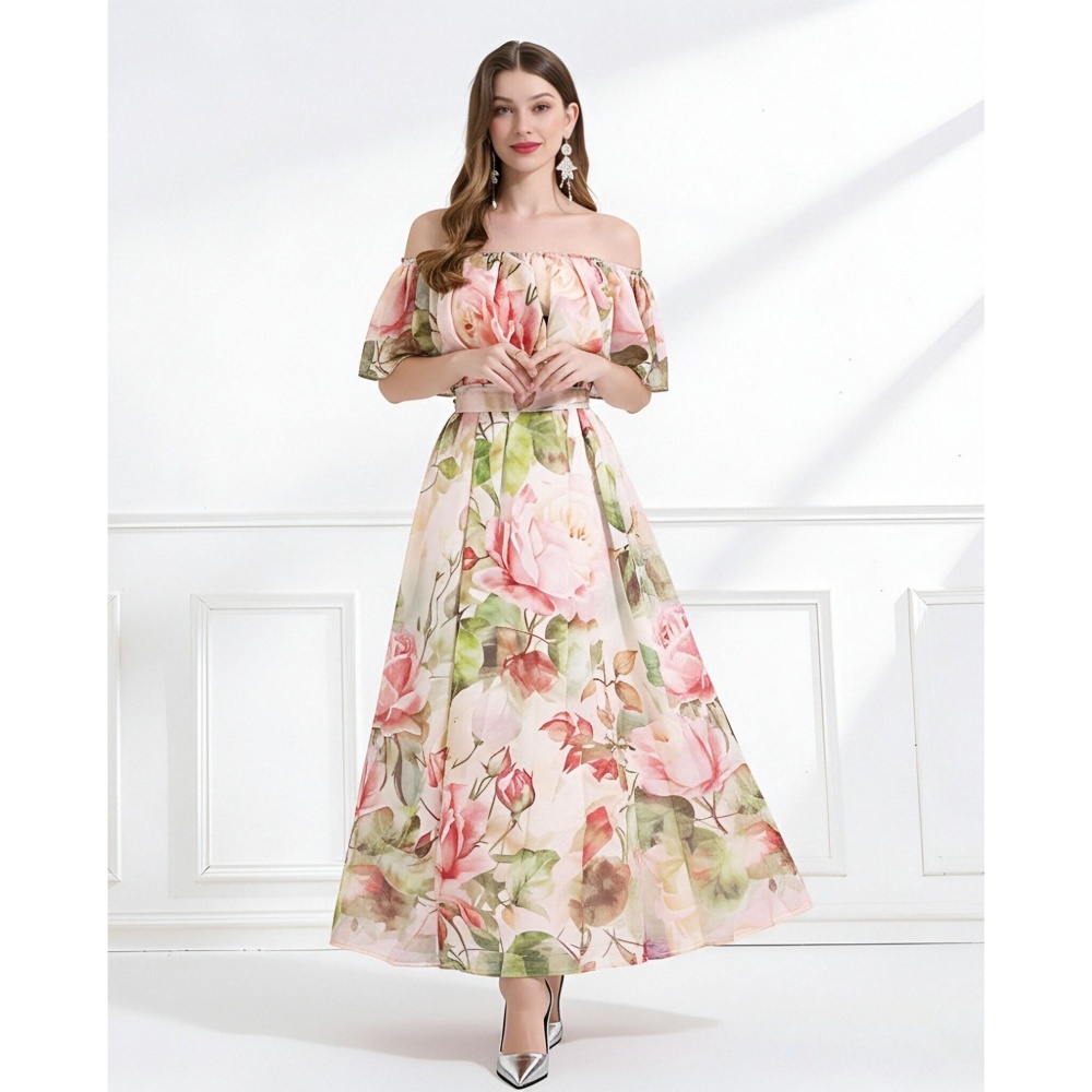 Pinched waist flat shoulder lotus leaf edges colors dress