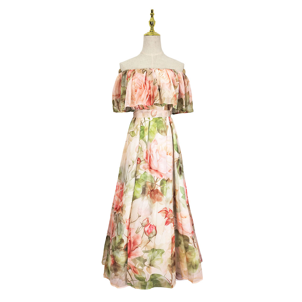 Pinched waist flat shoulder lotus leaf edges colors dress