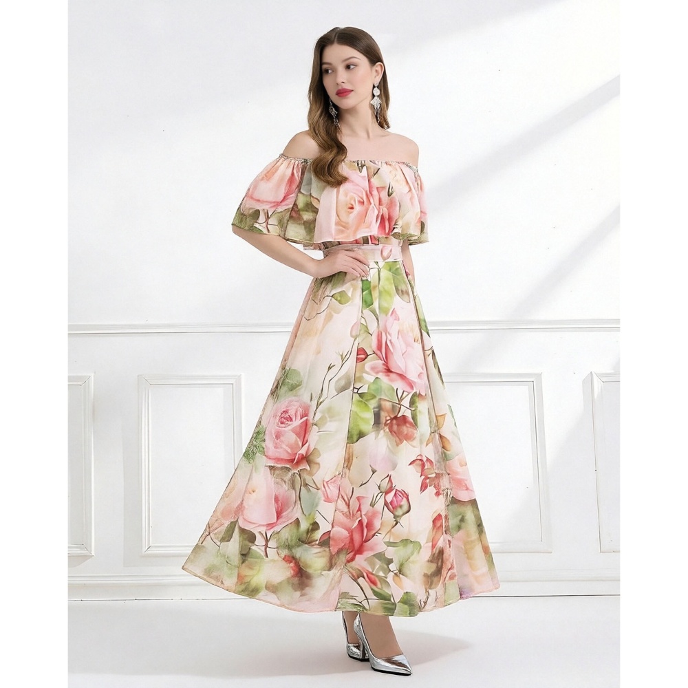 Pinched waist flat shoulder lotus leaf edges colors dress