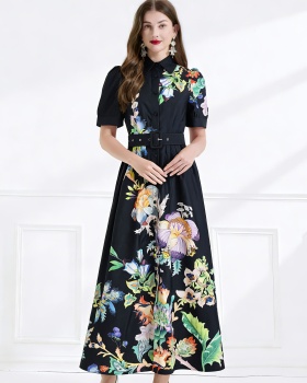 Pinched waist lotus leaf edges short sleeve long dress