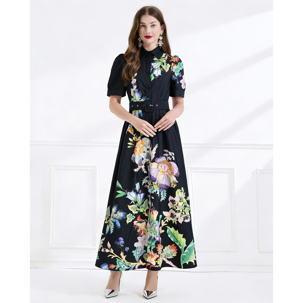 Pinched waist lotus leaf edges short sleeve long dress