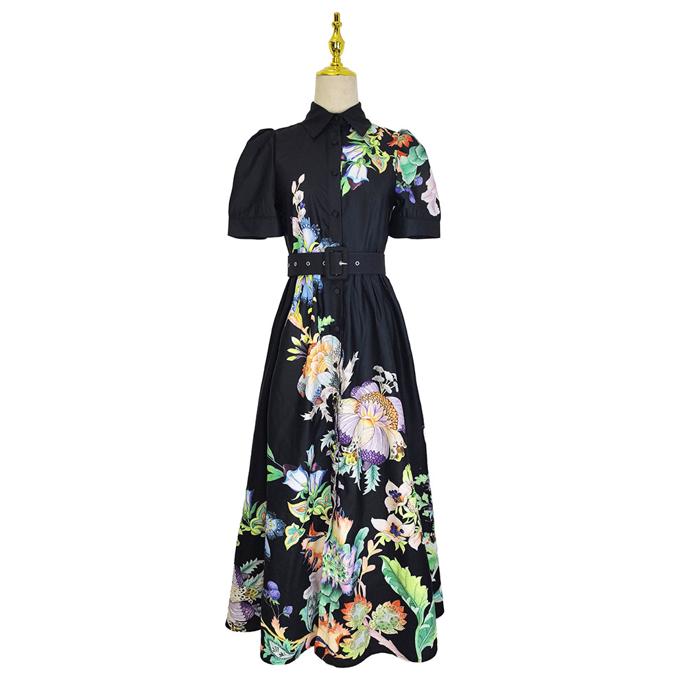 Pinched waist lotus leaf edges short sleeve long dress